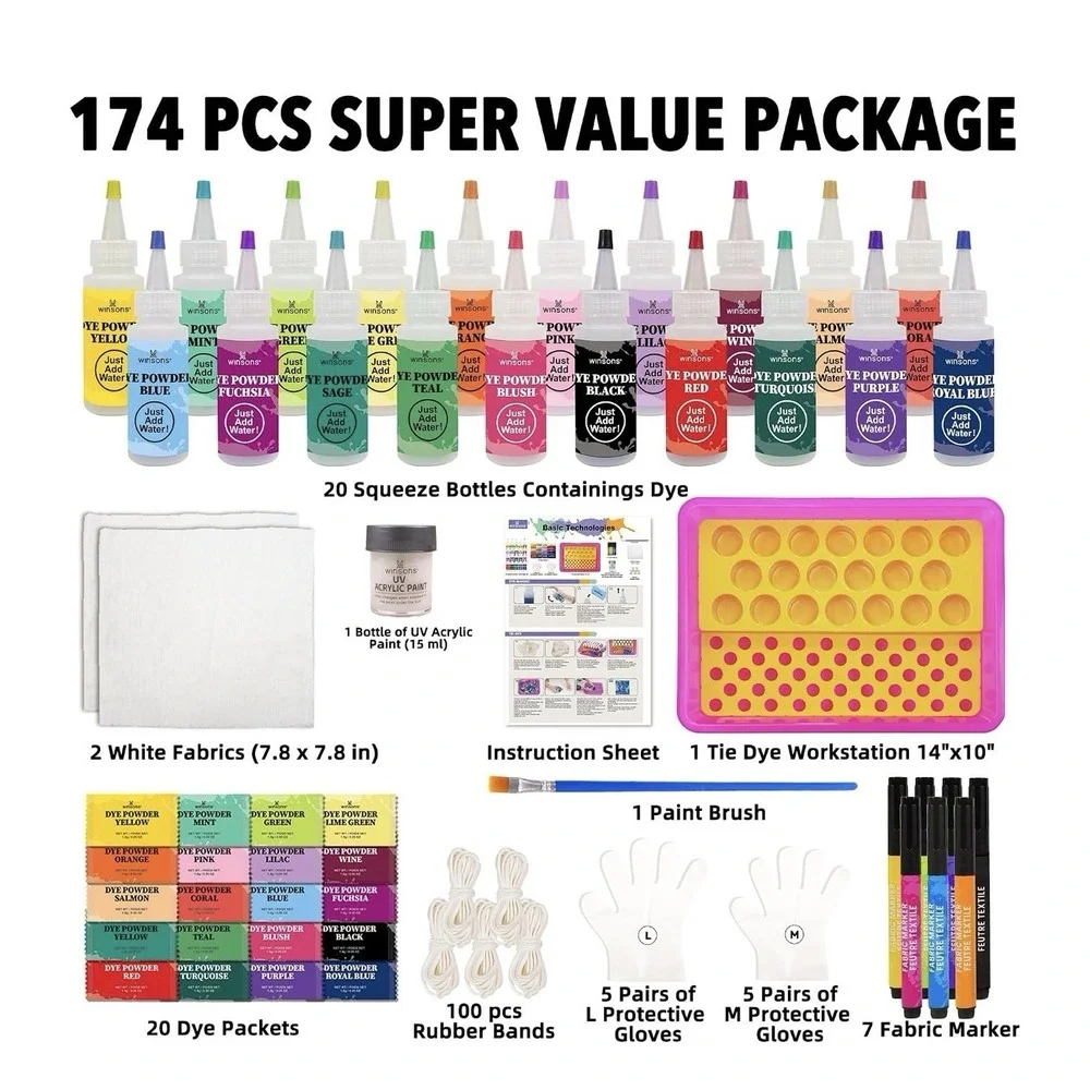 20 Colors Tie Dye Kit 174 Pcs Value Fabric Dye Set Including 20 Pre Filled Bottl